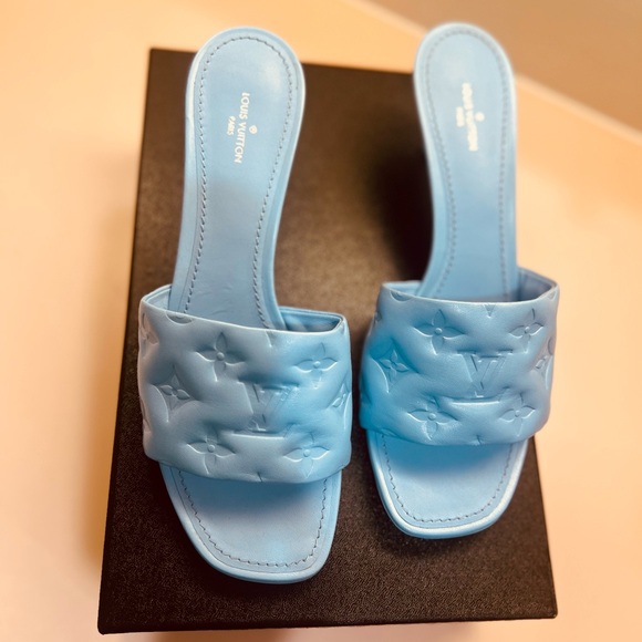 Louis Vuitton Light Blue Embossed Slide Sandals - Picture 1 of 2